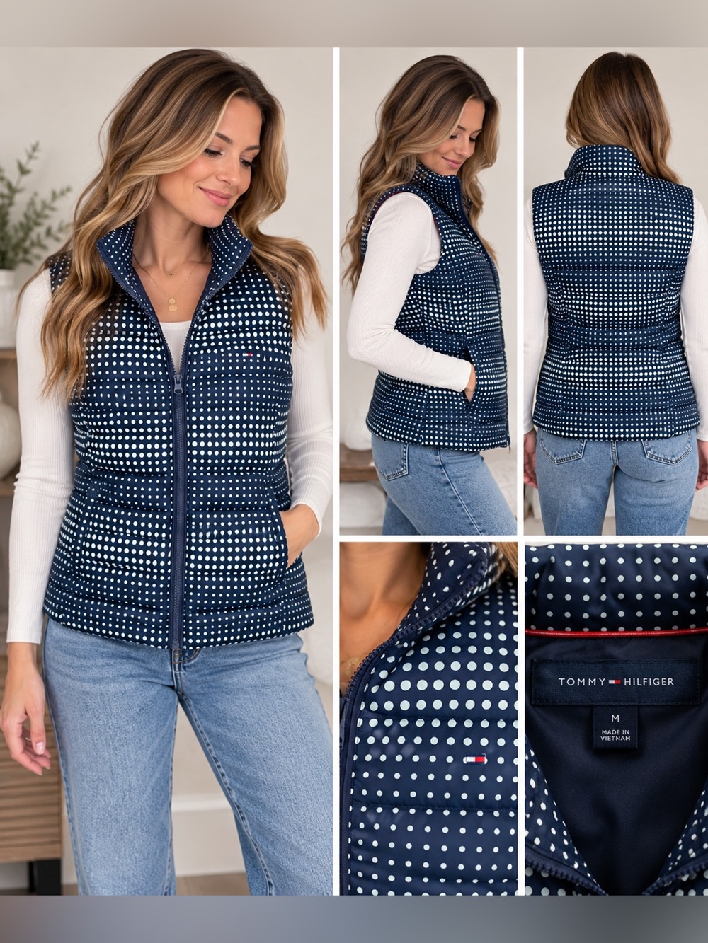 NWOT Tommy Hilfiger Navy and White Polka Dot Quilted Vest - Picture 1 of 9